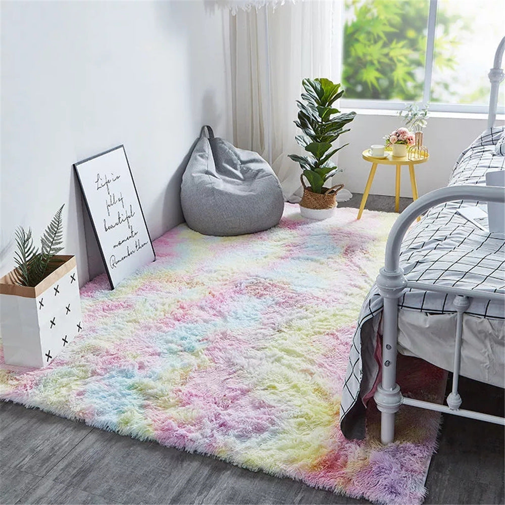 Pastel Tie-Dye Fluffy Rug — Soft Long-Hair Bedroom & Living Room Carpet