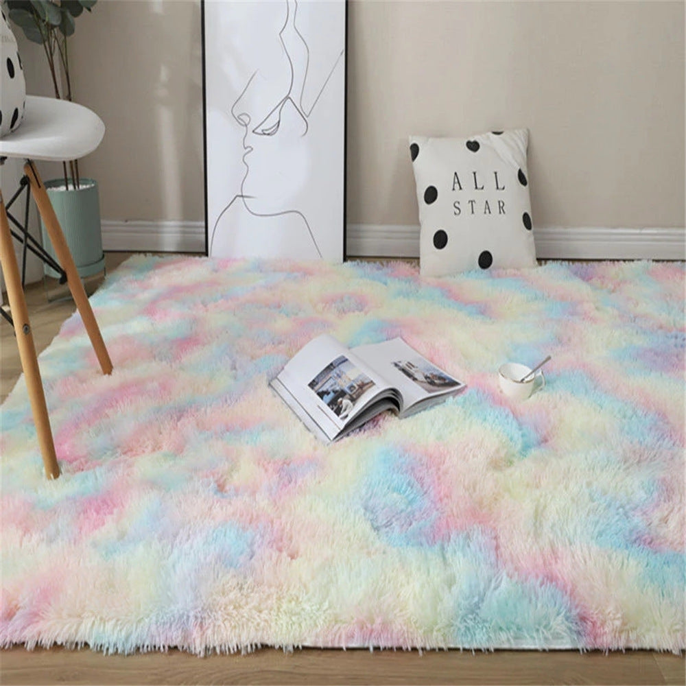 Pastel Tie-Dye Fluffy Rug — Soft Long-Hair Bedroom & Living Room Carpet