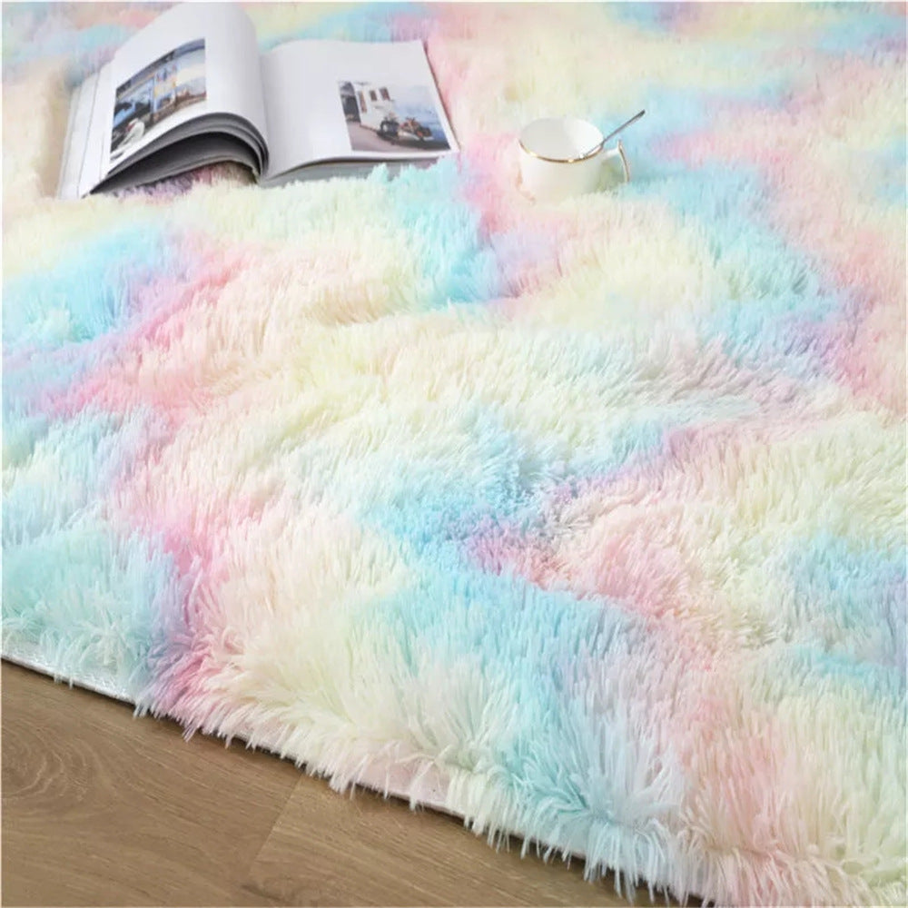 Pastel Tie-Dye Fluffy Rug — Soft Long-Hair Bedroom & Living Room Carpet