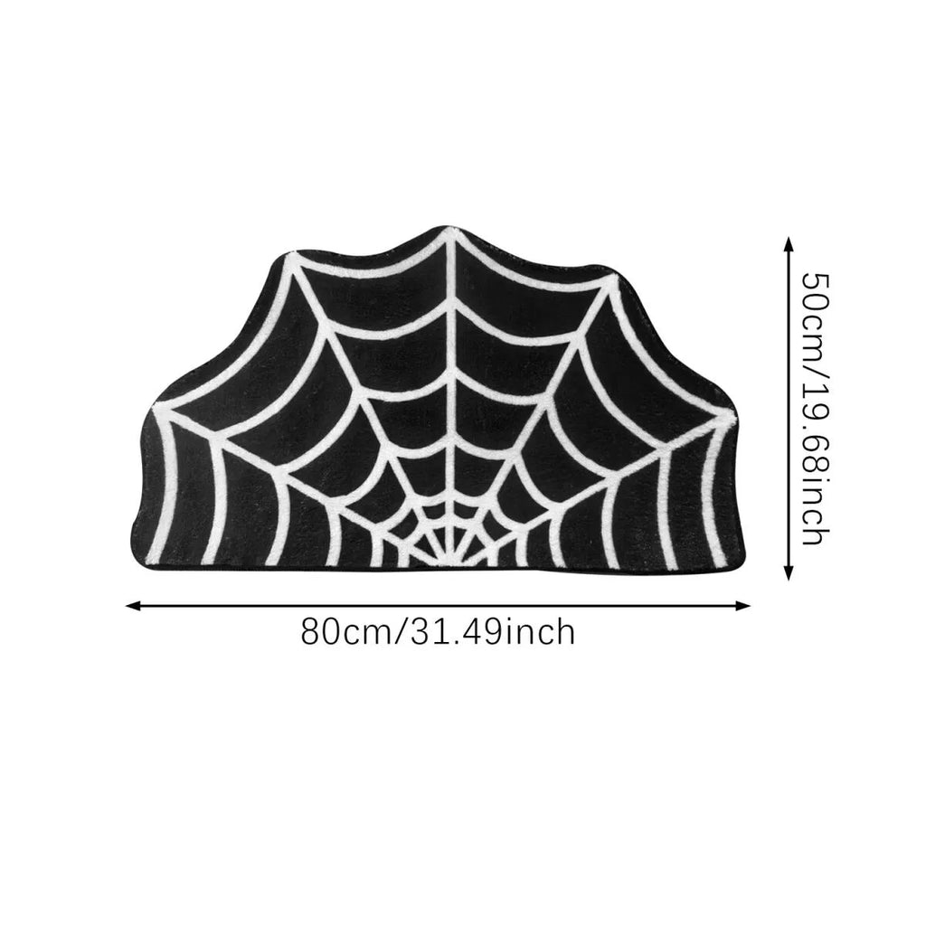 Black and white spider web design mat with measurements on a white background