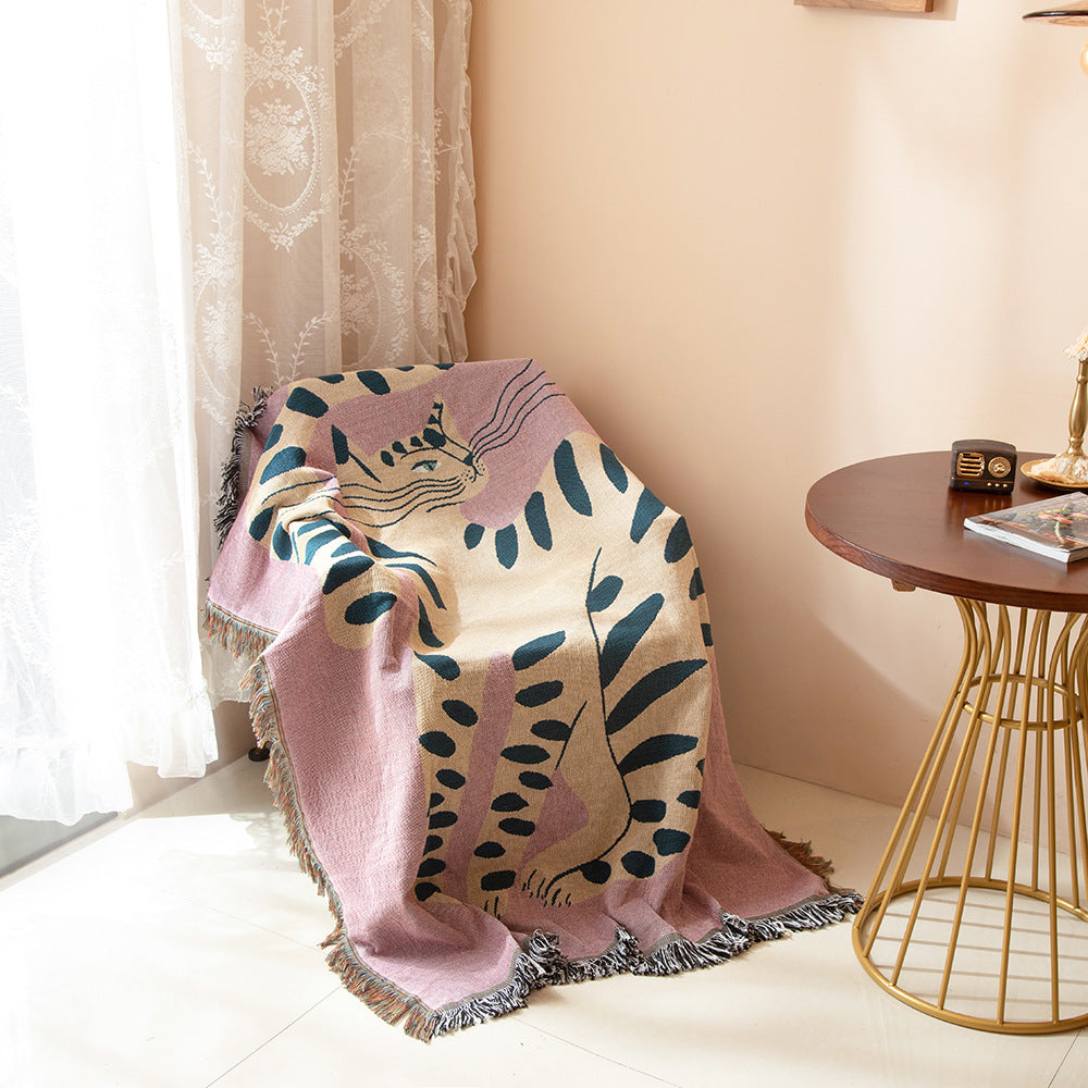 Pink Cat Chenille Blanket — Aesthetic Sofa Throw