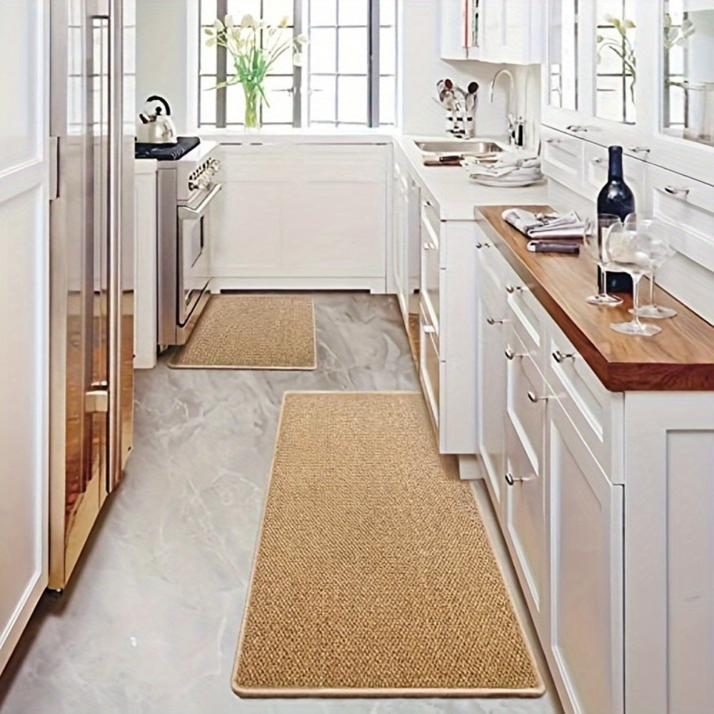 Kitchen runner rug measuring 25×95 inches shown in beige color on clean floor