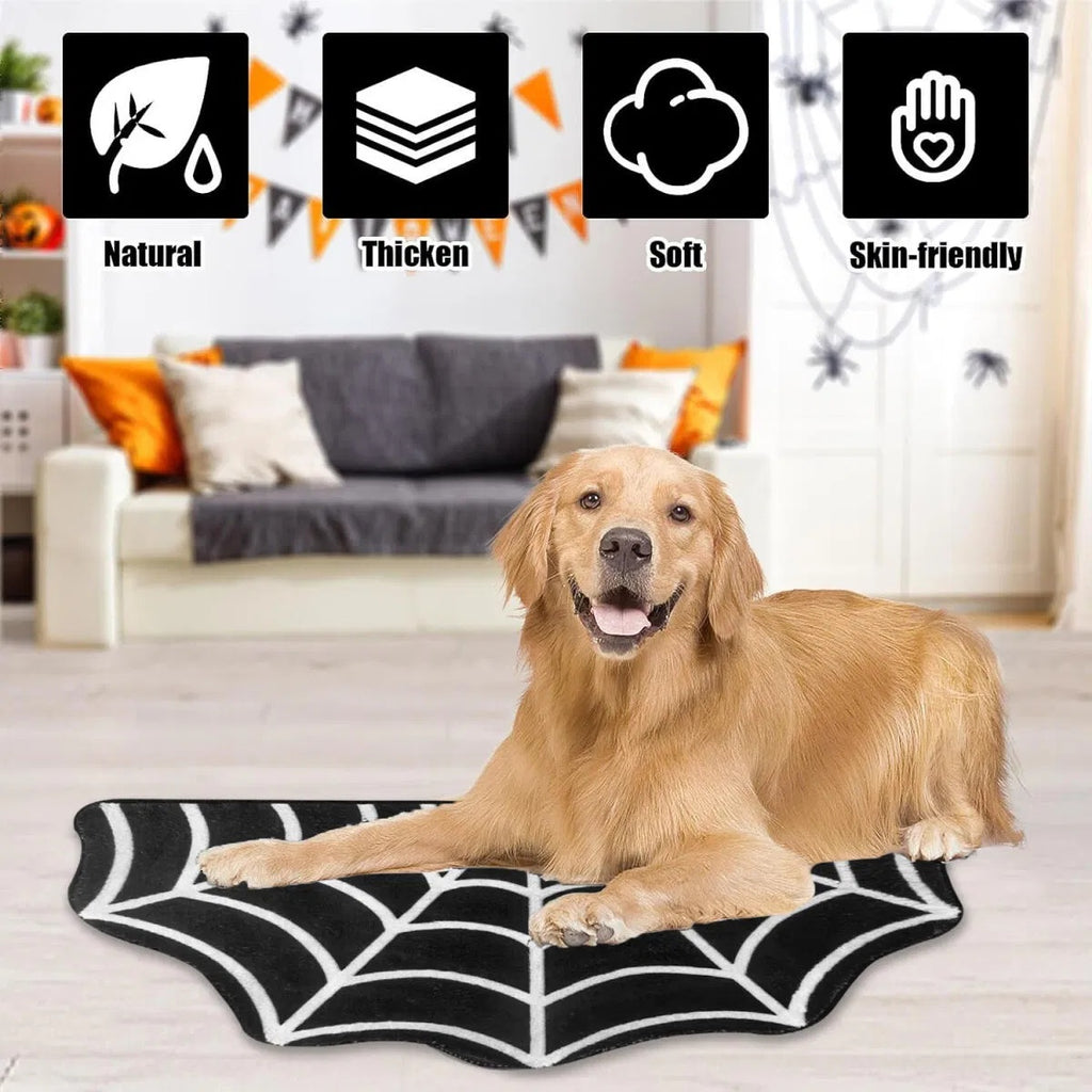Spider web-patterned mat with product features displayed above